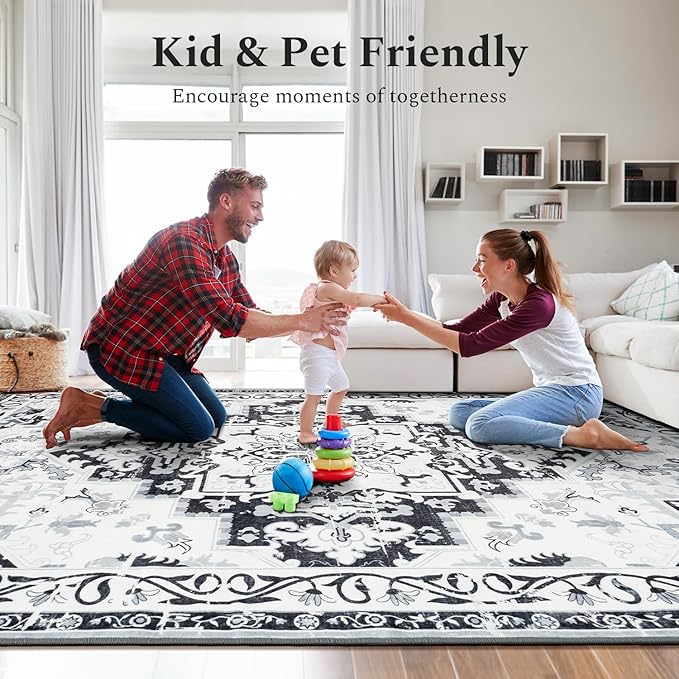 Rugflix 6x9 Area Rug for Living Room, Machine Washable Area Rugs with Non-Slip Backing, Large Soft Boho Vintage Rug for Bedroom, Dining Room, Low Pile Carpet, Kids Pet Friendly, Grey