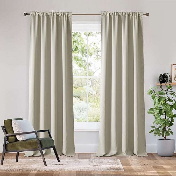 RYB HOME Bedroom Blackout Curtains 84 inches Long, 100% Blackout Thermal Insulated Noise Reducing Curtains for Living Room Nursury, 42 inches Wide by 84 inches Long, Natural