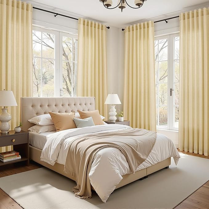 Nanspring Cream Yellow Linen Curtains 102 Inches Long for Living Room Light Filtering Modern Farmhouse Sheer Curtains Back Tab and Rod Pocket Curtain for Bedroom Office 52x102, 2 Panels