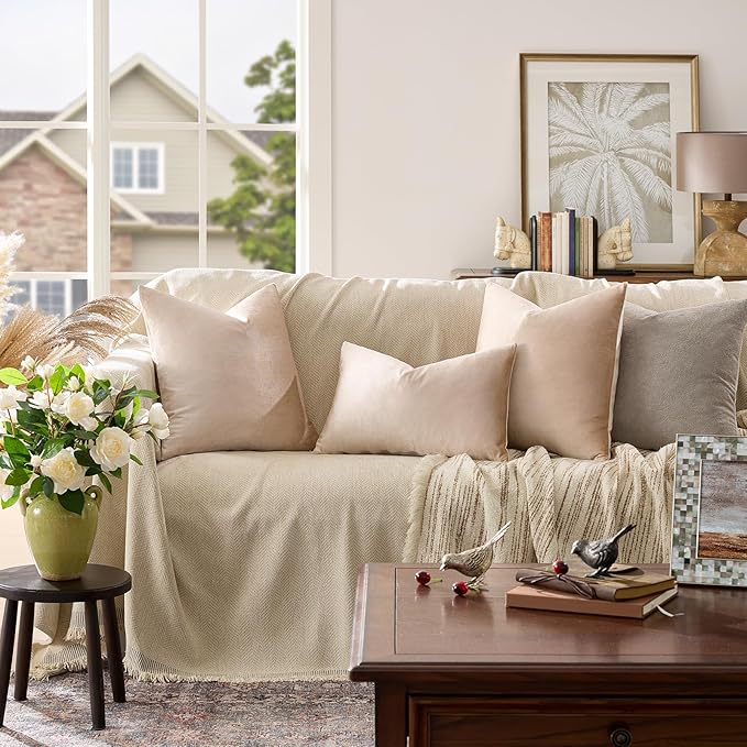 GIGIZAZA 16x16 Beige Pillow Covers: Pack of 2 Champagne Vintage Throw Pillows Super Soft Velvet Covers - Decorative Elegant Square Small Solid Cushion Covers Used for Couch,Living Room,Bedroom
