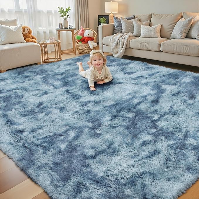Area Rugs 9x12 Living Room, Large Area Rug Shag Shaggy Carpet Soft Plush Furry Bedside Rug, Machine Washable Area Rugs for Bedroom Kids Girls Boys Anti Slip(9 x 12, Dark Blue Tie-Dyed)