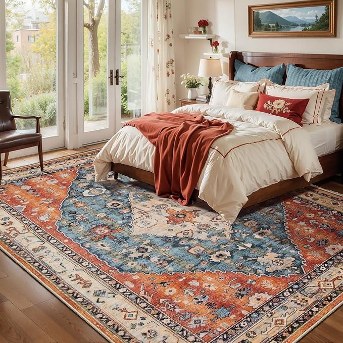 SERISSA 7x9 Area Rugs for Living Room, Large Washable Non-Slip Boho Rug, Ultra Soft Vintage Oriental Tribal Print Distressed Carpet for Dining Room Bedroom Dorm Office Home Decor