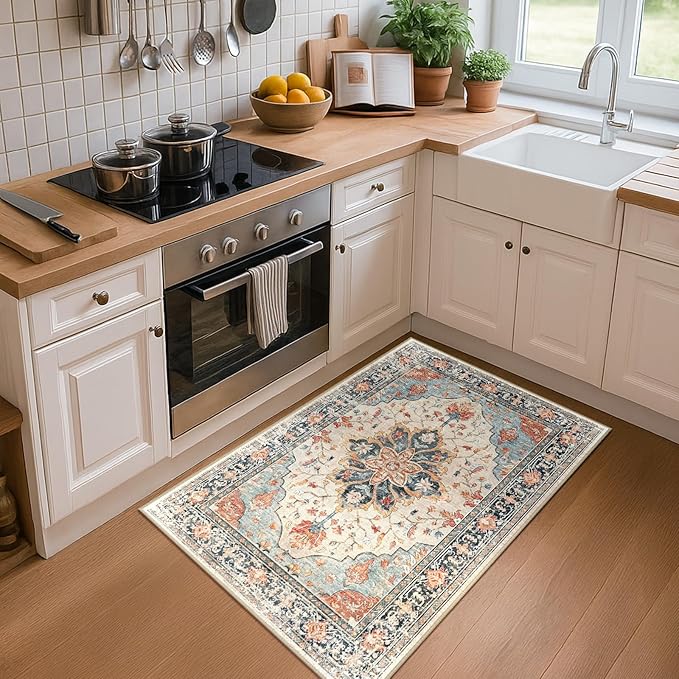 RELEANY Area Rugs 3'x5' Washable Non-Slip, Floral Vintage Distress Print Pattern Medallion Carpet for Living Room Bedroom Dining Room, Beige Navy Blue Orange Colorful