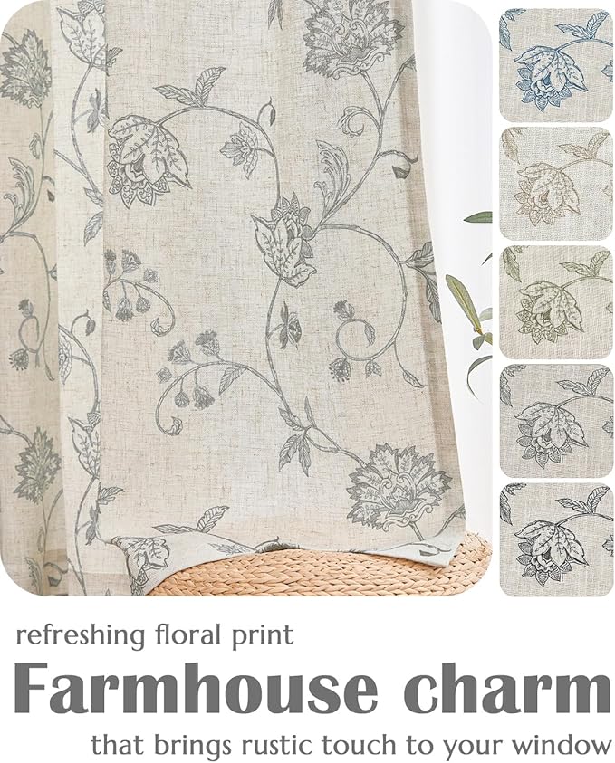 jinchan Linen Curtains Floral Curtains 96 Inch Length for Living Room Bedroom Light Filtering Rod Pocket Back Tab Jacobean Curtains Flax Linen Texture Window Drapes Set 2 Panels Dark Grey on Linen