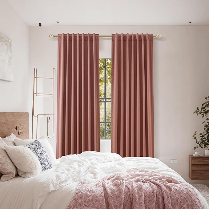 Dusty Rose 100% Blackout Linen Curtains 102 Inch Length 2 Panels Set for Girls Bedroom Back Tab Thermal Insulated Black Out Drapes Room Darkening Farmhouse Style for Bedroom Window Curtains 52x102
