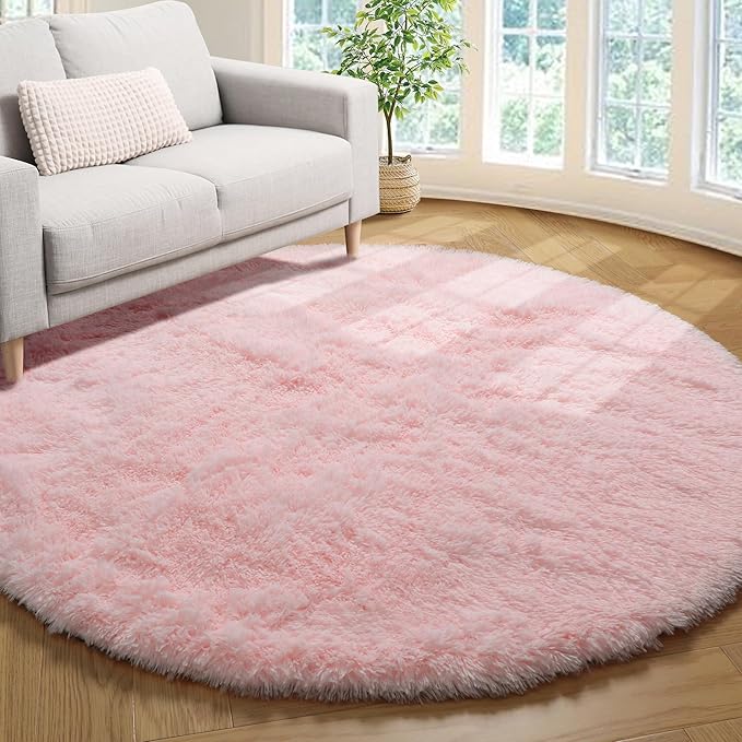 ONASAR Light Pink Round Area Rugs 2ft for Bedroom Living Room, Fluffy Cat Dog Bed Mat, Circle Rug for Kids Girls Boys Teen, Soft Plush Shaggy Carpet for Nursery Dorm Home Decor Aesthetic