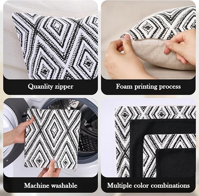 HPUK Decorative Throw Pillow Covers Set of 4 Geometric Design Linen Cushion Cover for Couch Sofa Living Room, 20"x20" inches, Black