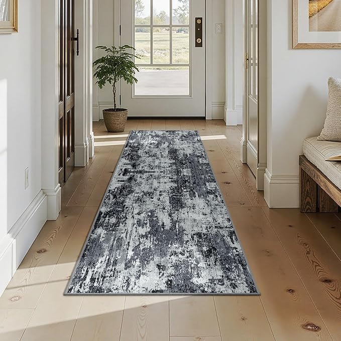Washable Area Rugs 2x7 Non-Slip Modern Abstract Soft for Living Room Entryway Bedroom Nursery, Print Pattern, Black Navy Blue Gray