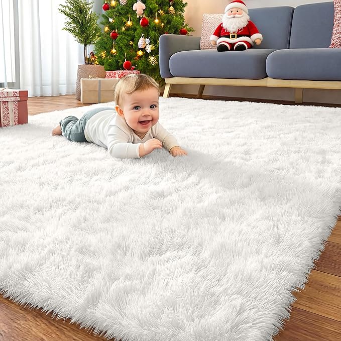 OLANLY 8x8 Machine Washable Large Area Rugs for Living Room, Bedroom, Soft Fluffy Shaggy Bedside Rug, Indoor Floor Carpet for Kids Girls and Boys, Dorms, Nursery, Home Decor Aesthetic, White