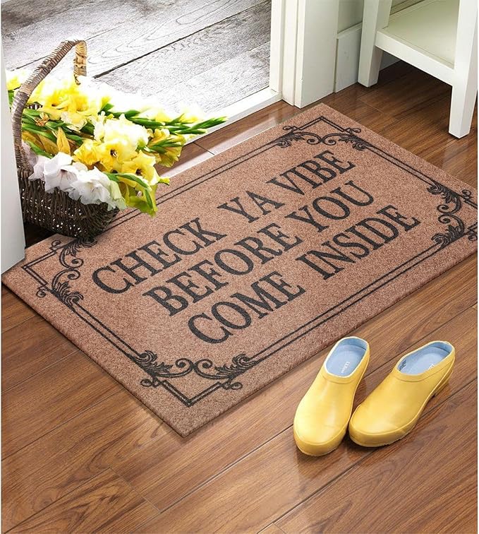 Front Door Door Mat Indoor Outdoor Entrance Doormat Rubber Welcome Door Mat,Check Ya Vibe Before You Come Inside Mats, Anti Slip Easy to Clean Corridor Entry Mat Brown 28" x 18"