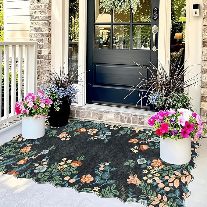 Black Floral Entry Rug - 3x5 Ft Washable Indoor Outdoor Mats for Front Door Porch Rug Non-Slip Spring Door Mat Boho Throw Rugs for Living Room Bedroom Entryway Kitchen Office Porch Decor