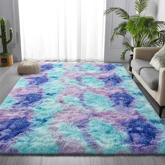Large Shag Area Rugs 6 x 9, Tie-Dyed Plush Fuzzy Rugs for Living Room, Ultra Soft Fluffy Furry Rug for Bedroom, Indoor Carpet Nursery Rugs for Kids Room Home Decor, Rainbow