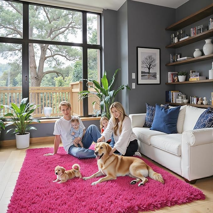 Rugs for Bedroom 4x6, Alfombras para Salas Shag Large Plush Soft Area Rug, Shaggy Carpets for Livingroom, Kids Boys Girls Home Decor Aesthetic(Hot Pink, 4 x 6)
