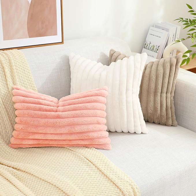 decorUhome Summer Cozy Faux Fur Throw Pillow Covers 12x20 Set of 2 Decorative Plush Striped Lumbar Modern Farmhouse Boho Couch Pillow Cases with Velvet Back for Sofa Bed Living Room, Blush Pink