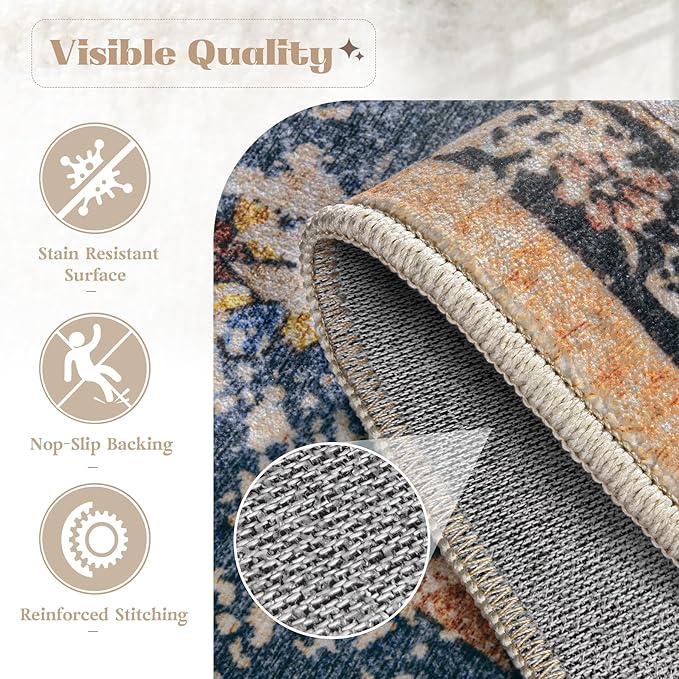 Area Rug 5x7 Washable Rug, Vintage Boho Medallion Rugs Non-Slip Soft Low Pile Large Distressed Rug Indoor Retro Carpet for Living Room Bedroom Dining Room Office (TribalMedallionMulti, 5'x7')