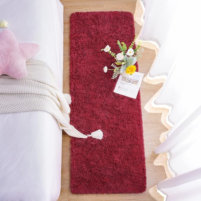 Chicrug Soft Runner Rug for Bedroom Living Room Plush Fluffy Rugs 2x6 Feet, Shag Furry Runner Rug Carpet Non Shedding for Nursery Children Kids Girls Room Home Decorative, Wine Red