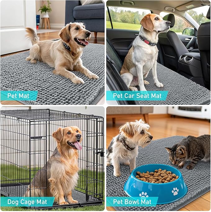 OLANLY Dog Door Mat for Muddy Paws 47x17, Absorbs Moisture and Dirt, Absorbent Non-Slip Washable Doormat, Quick Dry Chenille Mud Mat for Dogs, Entry Indoor Entryway Carpet for Inside Floor, Grey