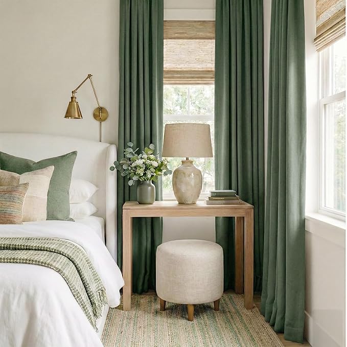 RYB HOME Forest Green 100% Blackout Linen Curtains 84 Length 52 Width, Privacy Assurd & Thermal Insulated Drapes for Bedroom/Sliding Door, Rod Pocket&Back Tab Modern Fashion Style, 2 Panels