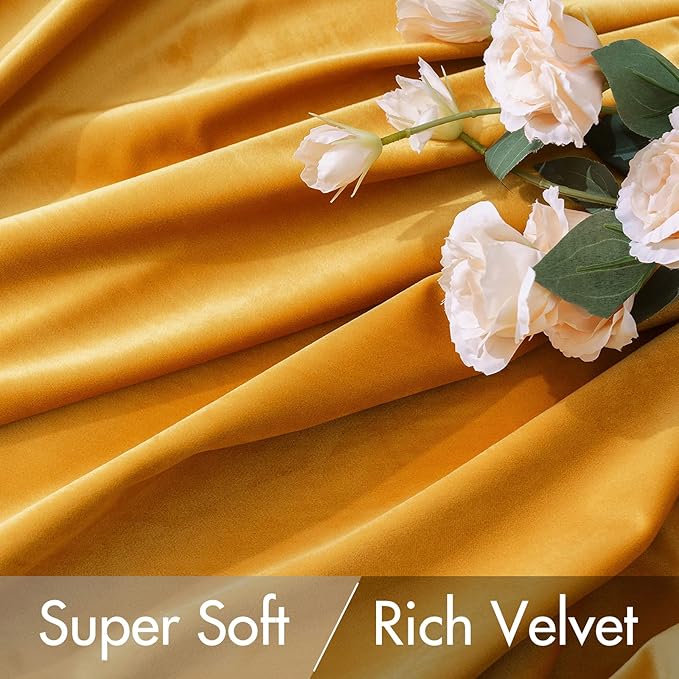 MIULEE Velvet Curtains 63 inch Length 2 Panels - Luxury Blackout Curtains for Bedroom Living Room Thermal Insulated Fall Decor Super Soft Window Drapes Rod Pocket & Back Tab, Mustard Yellow