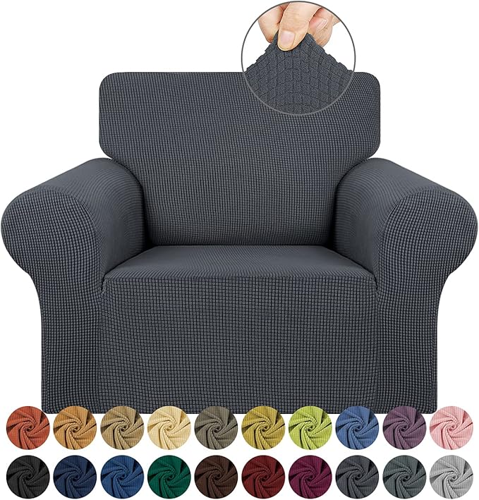 KEKUOU Stretch Single Sofa Slipcover 1 Piece Couch Sofa Cover (31"-55") Furniture Protector 1 Seater Sofa with Elastic Bottom for Kids,Pet.Jacquard Small Checked Pattern Fabric(Small,Charcoal)