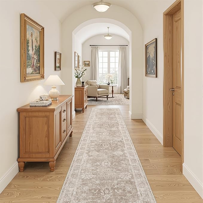 Madane Runner Rug 2x10 for Hallway, Kitchen Non-Slip Runner Rug with Rubber Backing, Vintage Soft Low Pile Throw Neutral Carpet Runner for Laundry Room Entryway Bathroom Bedroom (2 x 10, Brown/Sand)