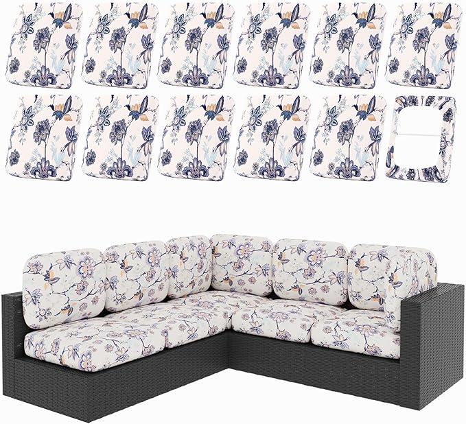 hyha 12Pcs Patio Cushion Covers, Stretch Outdoor Couch Cushion Covers, Washable Outdoor Chair/Sofa Slipcovers for Patio Furniture Cushions Protector with Elastic Bottom(Vintage Flower,Cover Only)
