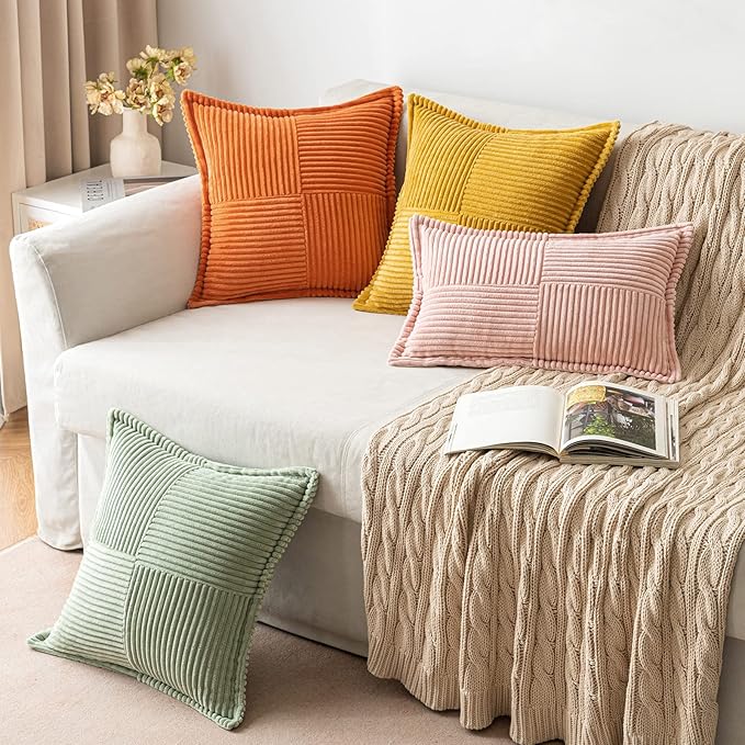 MIULEE Decorative Throw Pillow Covers for Couch Bed Livingroom 20x20 Inch Set of 2 Fall Mustard Yellow Boho Accent Throw Pllows Broadside Striped Patchwork Soft Corduroy Pillowcases