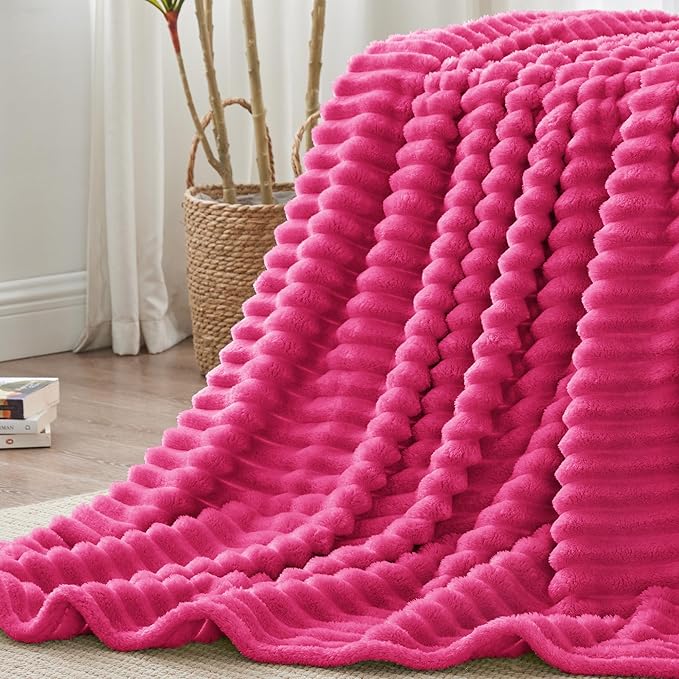 BEDELITE Fleece Throw Blanket for Couch - 300GSM Soft & Warm Fluffy Pink Blanket, Decorative and Giftable Striped Blankets for Women, Men, 50"x60"