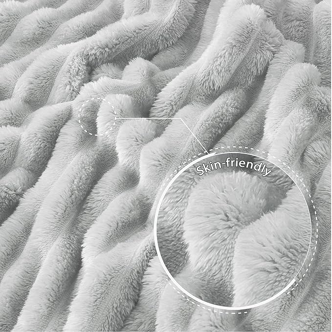 Exclusivo Mezcla California King Size Flannel Fleece Blanket, Super Soft Striped Jacquard Bed Oversized Blanket, Lightweight Fuzzy Cozy for All Seasons, 120x120 Inches, Light Grey