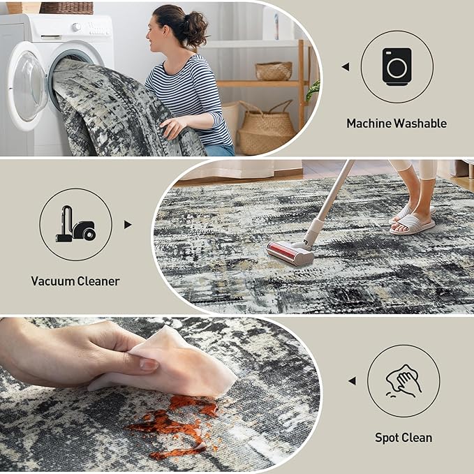6x9 Area Rugs Washable Rug: Large Modern Abstract Living Room Rug Soft Anti-Skid Thin Carpet Indoor Floor Non-Shedding Carpets for Bedroom Dining Room Farmhouse Nursery Home Office Black Grey Gold
