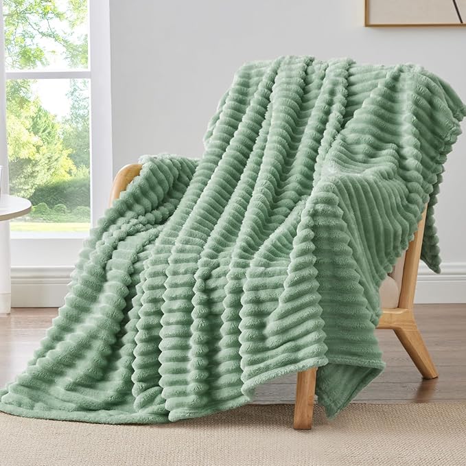 BEDELITE Fleece Throw Blanket for Couch - 300GSM Soft & Warm Fluffy Green Blanket, Decorative and Giftable Striped Blankets for Women, Men, 50"x70"