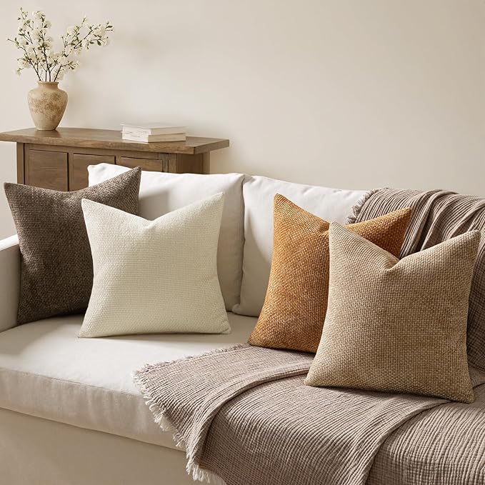 MIULEE Pack of 4 Brown Couch Throw Pillow Covers 18x18 Inch Soft Decorative Chenille Pillows Farmhouse Accent Cushions for Boho Home Decor Spring Sofa Bedroom Living Room