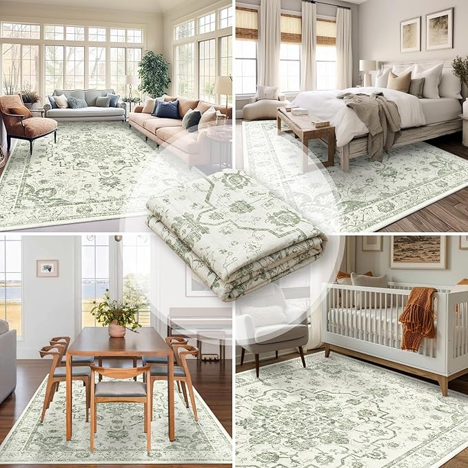 Madane 5x7 Area Rugs for Living Room, Vintage Stain Resistant Area Rug, Floral Print Rug Non-Slip Thin Washable Rugs for Bedroom Dining Room, Green/Ivory