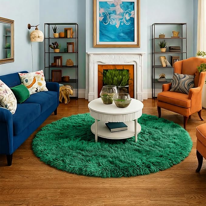 Amdrebio Dark Green Round Rug 6Ft for Living Room Bedroom, Fluffy Thick Floor Circle Area Rugs for Kids Room Decor, Furry Shag Rug for Baby Nursery, Teens Dorm, Fuzzy Plush Cool Emerald Green Carpet
