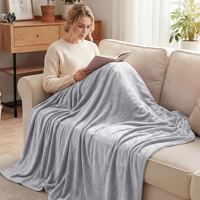 Exclusivo Mezcla Fleece Light Grey Throw Blanket for Couch, Sofa, Super Soft and Warm Blankets, All Season, Cozy, Plush, Lightweight, 50x60 Inches