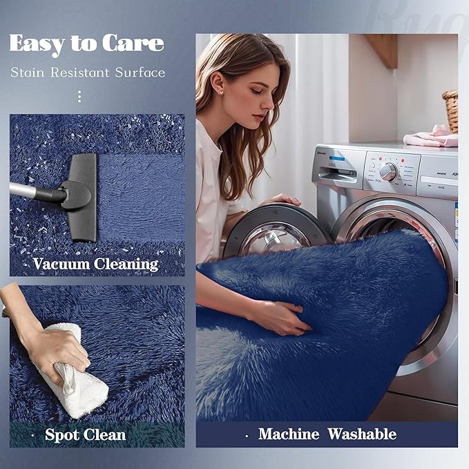 8x10 Area Rugs for Living Room: Fluffy Shag Soft Washable Rug Large Fuzzy Plush Indoor Carpet for Bedroom Nursery Playroom Kids Girls Boys Room (Navy Blue, 8'x10')