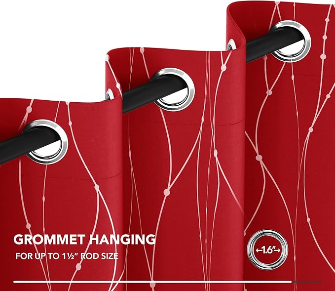 Deconovo Blackout Curtains, Christmas Red Curtain, Thermal Insulated Noise‑Reducing Drapes, Wave Line Dot Foil Print, 38 x 90 Inch, 2 Panels, Machine‑Washable Window Curtain for Party Home Decor