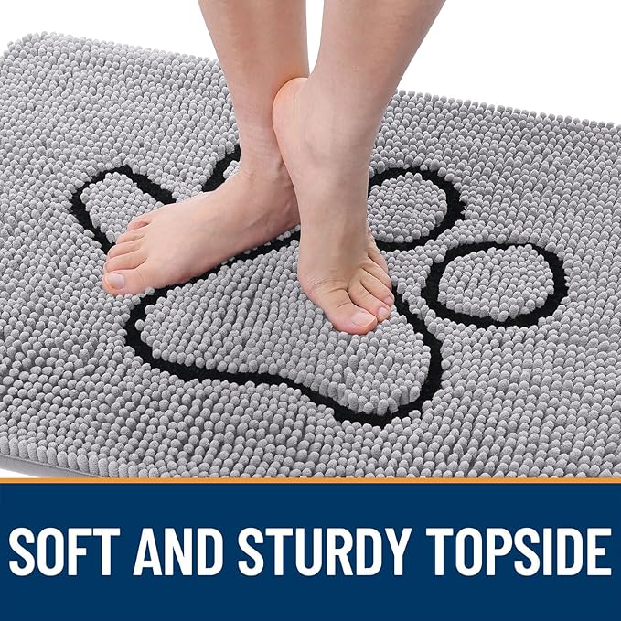 OLANLY Dog Door Mat for Muddy Paws 30x20, Paw Print Design, Absorbs Moisture and Dirt, Non-Slip Washable Doormat, Quick Dry Chenille Mud Mat for Dogs, Entry Indoor Entryway Carpet, Light Grey