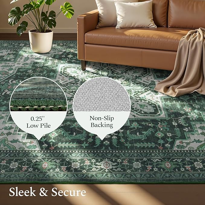 Rugflix 9x12 Area Rugs for Living Room, Machine Washable Rug Non Slip Stain Resistance, Large Rug Vintage Distressed Soft Carpet for Bedroom, Dining Room, Home Office, Green