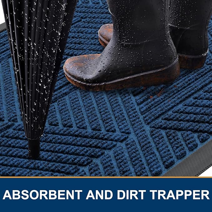 Smiry Front Door Mat Outside Entrance, Heavy Duty Sturdy Natural Rubber Doormat, Trap Dirt and Moisture, Easy Clean Low Profile Mats for Indoor Outdoor Entry, Irregular Triangle (29.5x17, Medium Blue)