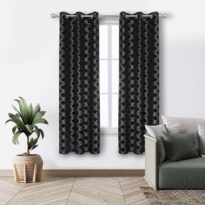 Deconovo Black Out Curtains for Bedroom Livint Room Nursery (42x72 Inch, Black/Silver, 2 Panels) Geometry Silver Patterned Room Darkening Curtains, Thermal Insulated Soundproof Drapes