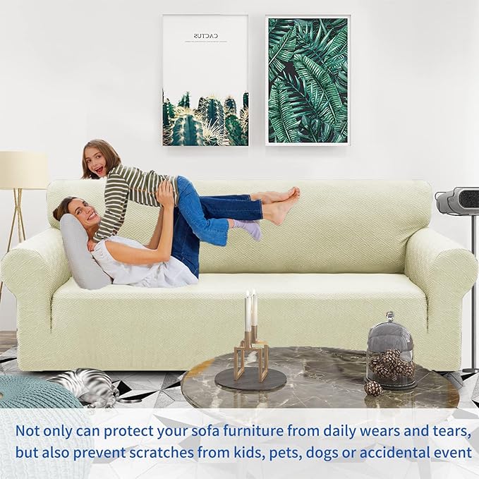 ZNSAYOTX 1 Piece Jacquard Chair Slipcovers for Living Room High Stretch Chair Covers with Arms Anti Slip Pets Friendly Couch Sofa Armchair Cover Furniture Protector (Small, New Pattern Light Beige)
