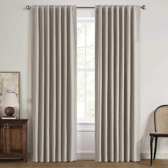 MIULEE 100% Blackout Linen Curtains for Bedroom, Greige Solid Luxury Decor Thermal Insulation Room Darkening Drapes for Living Room Nursery Back Tab Rod Pocket 42 x 90 Inches, 2 Panels