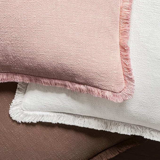 MIULEE Decorative Throw Pillow Covers Neutral Linen Fringe Throw Pillows Set of 2 White Boho Farmhouse Cushion Covers with Tassels for Couch Sofa Bed Living Room Spring Home Decor 20x20 Inch