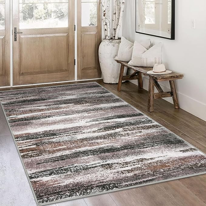 Lansny Modern Abstract 4x6 Living Room Washable Rug Non-Slip Soft Bedroom Area Rug Dark Light Brown White Thin Print Faux Wool Floor Carpet Throw Rugs for Nursery Playroom Dining Room Indoor Office