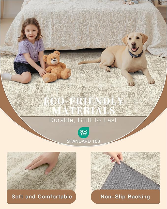 Madane 9x12 Area Rugs for Living Room, Soft Vintage Beige Area Rug with Non Slip Backing, Washable Non-Shedding Low Pile Large Print Floor Carpet for Home Office Decor
