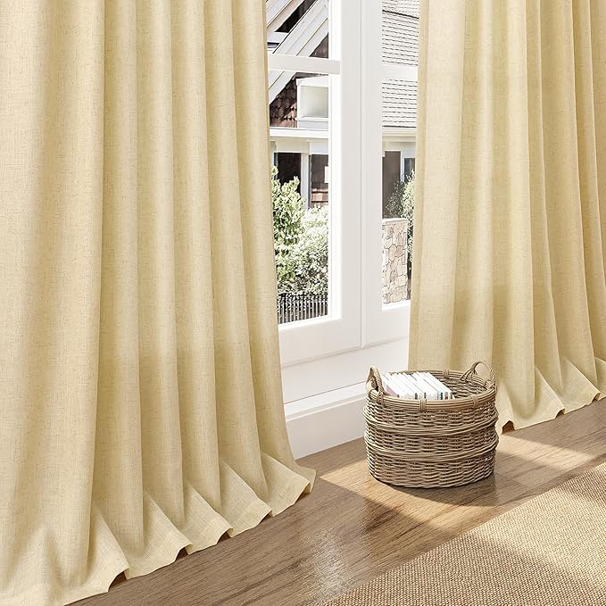 Nanspring Cream Yellow Linen Curtains 84 Inch Length for Living Room Modern Farmhouse Light Filtering Sheer Curtain Back Tab and Rod Pocket Privacy Drapes for Bedroom Office 52x84, 2 Panels