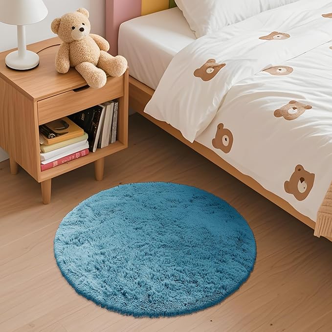 OLANLY Slate Blue Round Rugs for Bedroom - Machine Washable, 2 ft Circle Area Rugs for Living Room, Soft and Fluffy Shaggy Carpet for Teen Girl and Boys, Nursery Rooms, Dorms, Home Decor Aesthetic