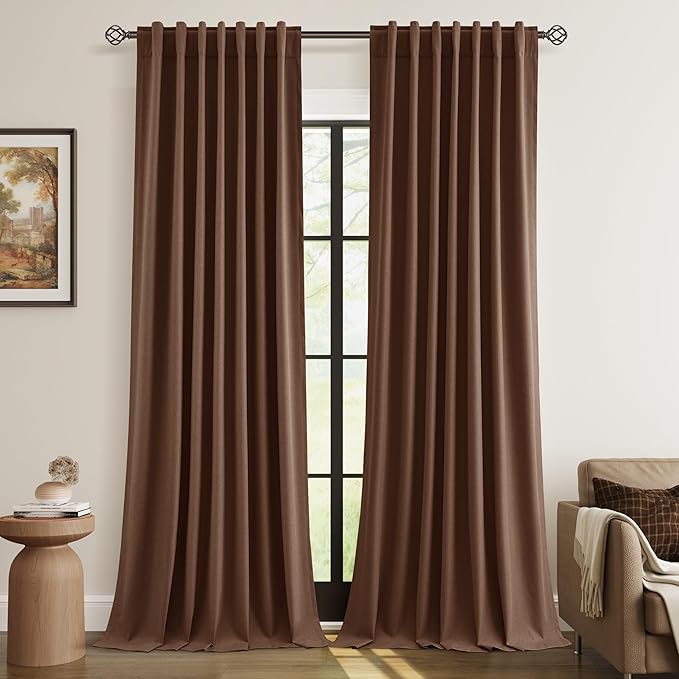 Guken 100% Blackout Curtains 120 Inch Length 2 Panels Set for Living Room Bedroom Back Tab Thermal Insulated Black Out Linen Drapes Room Darkening Window Curtains Rustic Brown 52x120