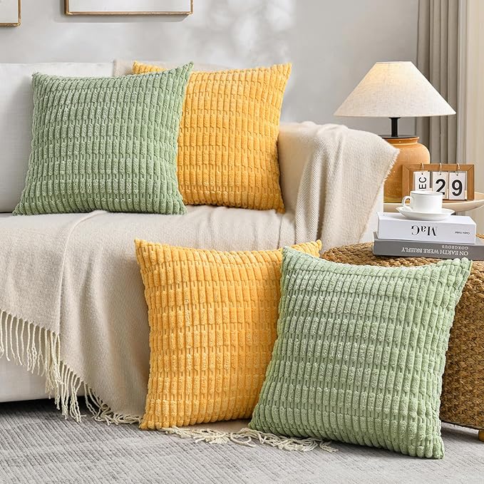 Fancy Homi Set of 4 Spring Boho Decorative Throw Pillow Covers 24x24 Inch for Couch Bed Sofa, Sage Green Yellow Room Decor, Soft Fuzzy Fluffy Cozy Corduroy Textured Cushion Case 60x60cm